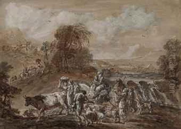 An Italianate Landscape With A Waterfall And Travellers Andl Ivestock Oil Painting by Francesco Zuccarelli