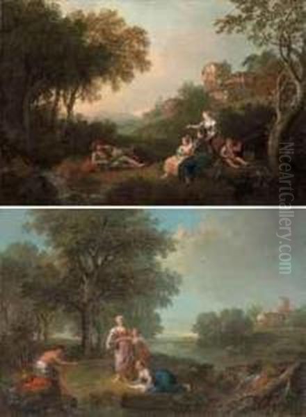 A Wooded River Landscape With 
Figures Resting And Fishing, Cattlewatering At A River In The Distance; 
And A Wooded Landscape Withfigures Resting And Fishing By A Stream Oil Painting by Francesco Zuccarelli