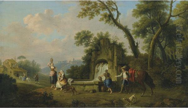 A Southern Landscape With Figures Near A Well Oil Painting by Francesco Zuccarelli