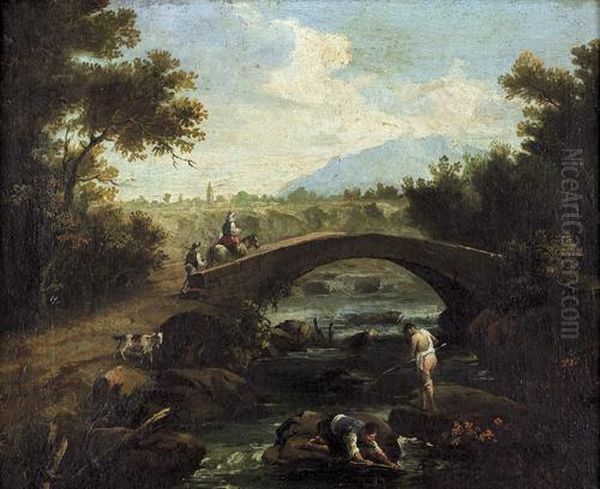 Paesaggio Fluviale Con Ponte, Viandanti E Pescatori Oil Painting by Francesco Zuccarelli