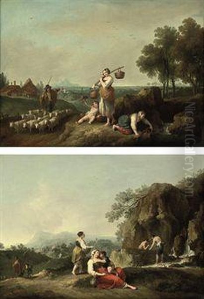 A Pastoral Landscape With Peasants Gathering Water, A Shepherd Andhis Flock Oil Painting by Francesco Zuccarelli