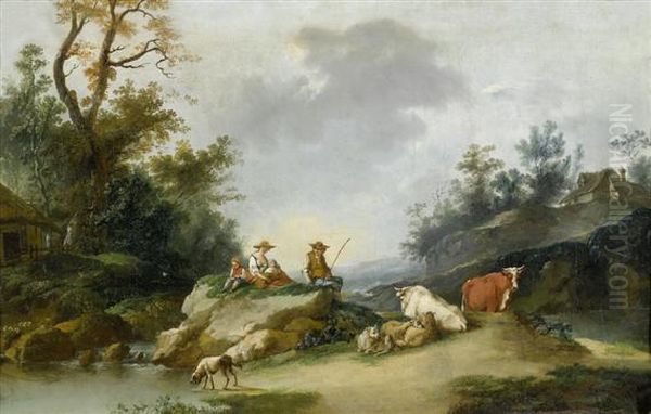 A Shepherd Couplewith Animals In A Mediterranean Landscape Oil Painting by Francesco Zuccarelli