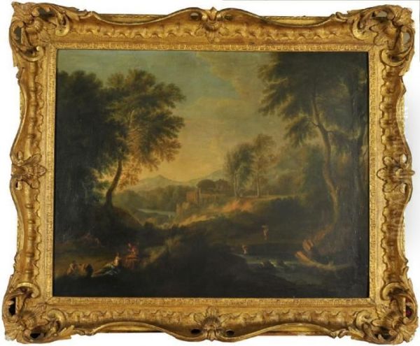 A Classical Italianate Landscape With Figures By A River Oil Painting by Francesco Zuccarelli