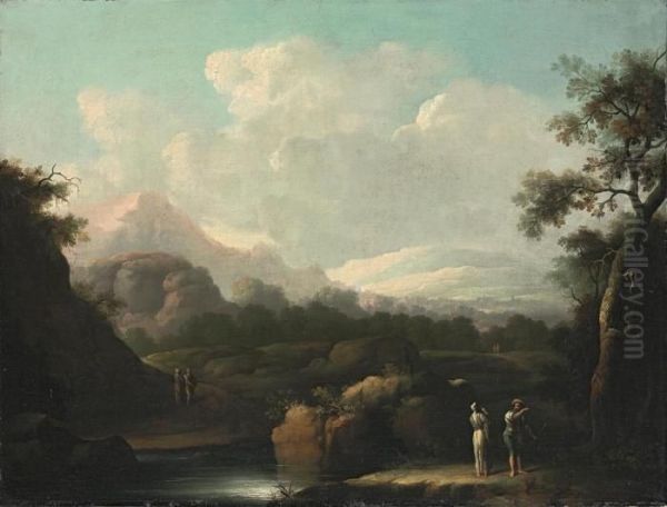 An Extensive Landscape With Figures By A River Oil Painting by Francesco Zuccarelli