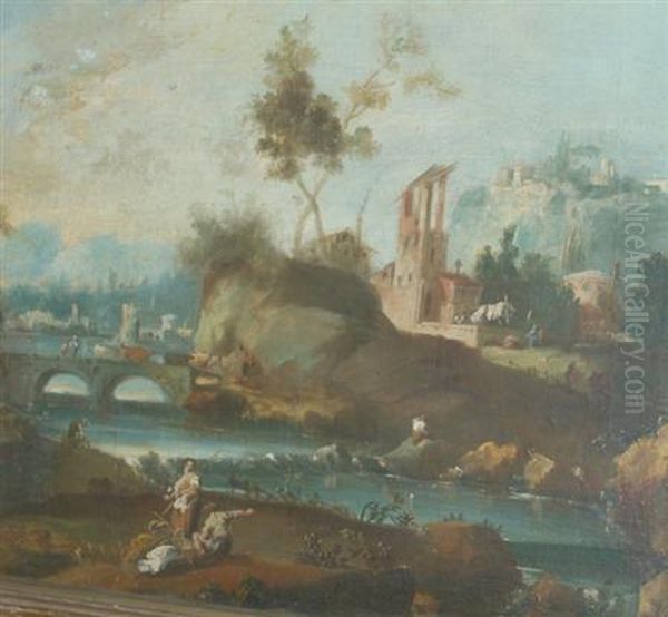 Figures In An Extensive Landscape With Ruins, A River And A Town In The Distance Oil Painting by Francesco Zuccarelli