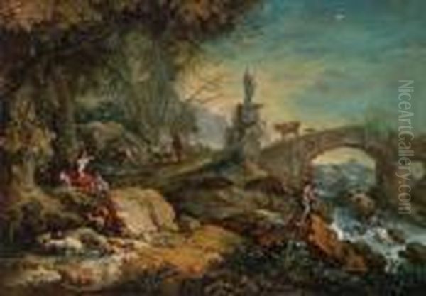 Paesaggio Roccioso Con Una Statua Di Pietra E Pastori Oil Painting by Francesco Zuccarelli