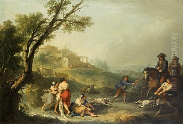 An Italianate Landscape With 
Washerwomen Beside A Waterfall And Horsemen And Their Dogs Approaching Oil Painting by Francesco Zuccarelli