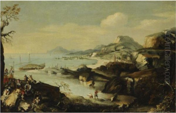 A View On The Bay Of Napels, A Group Of Figures On A Rocky Coastline In The Foreground Oil Painting by Francesco Zuccarelli