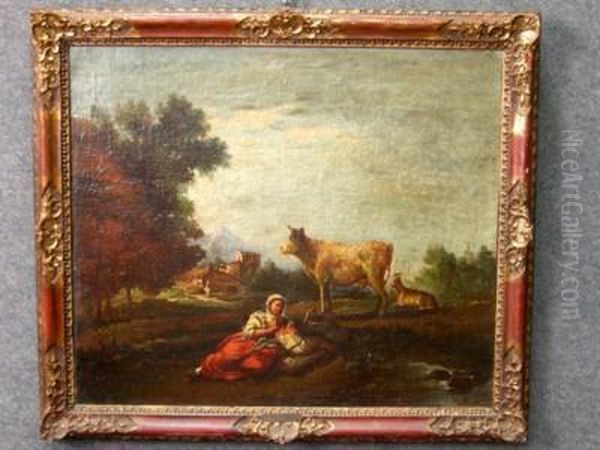 Paesaggio Con Pastorella Che Allatta Neonato Vicino A Una Mucca Ea Una Capra Oil Painting by Francesco Zuccarelli