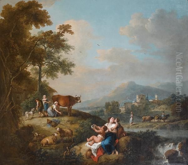 An Extensive River Landscape Withmilkmaids Oil Painting by Francesco Zuccarelli