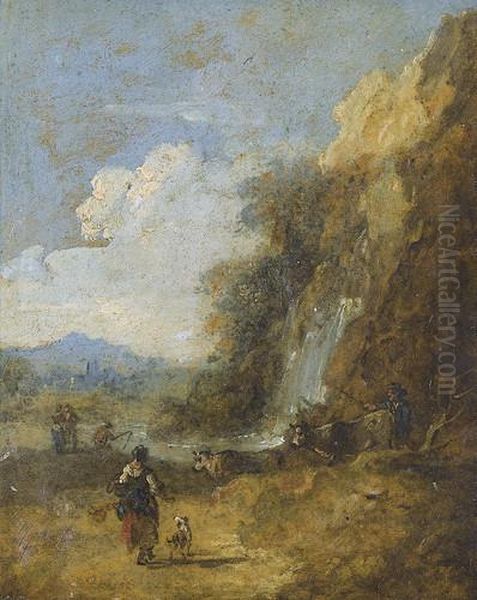 Capriccio Mit Wasserfall, Kuhen Und Figurenstaffage Oil Painting by Francesco Zuccarelli