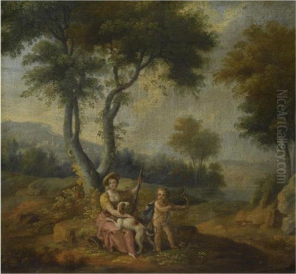 A Southern Landscape With A Hunter Resting With A Putto Oil Painting by Francesco Zuccarelli