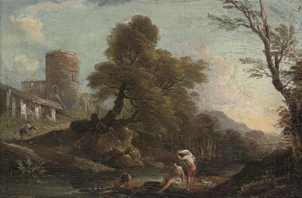 A Wooded River Landscape With Bathers On A Bank, A Fortified Townbeyond Oil Painting by Francesco Zuccarelli