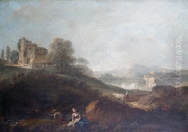 Figures In An Italianate Landscape Oil Painting by Francesco Zuccarelli