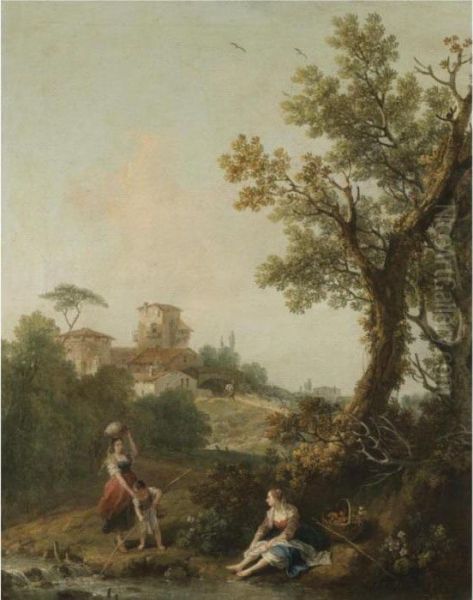 A Wooded River Landscape With A 
Boy And His Mother Fishing And Another Woman Resting In The Foreground, A
 Traveller Approaching A Village Beyond Oil Painting by Francesco Zuccarelli