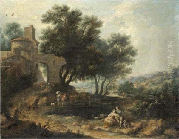 A Pastoral Landscape With Figures In The Foreground Oil Painting by Francesco Zuccarelli