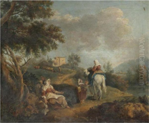 A Southern Landscape With Figures Conversing With A Woman On Horseback In The Foreground Oil Painting by Francesco Zuccarelli