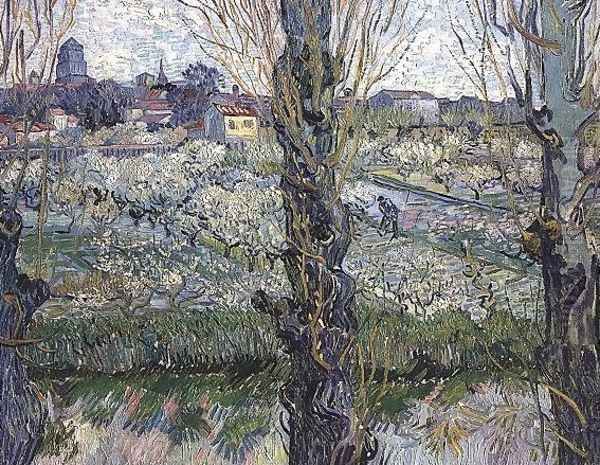 Orchard In Blossom With View Of Arles Oil Painting by Vincent Van Gogh