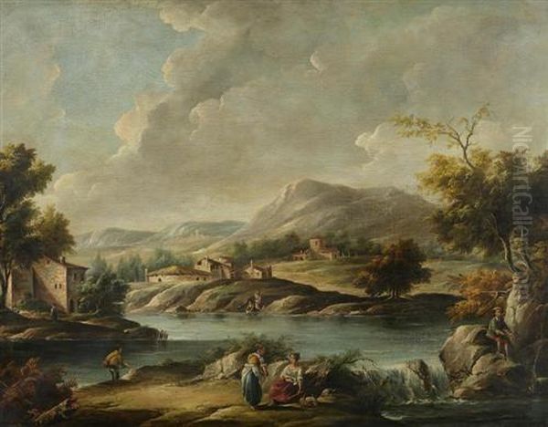 Flusslandschaft Mit Hausern Und Personen. Oil Painting by Francesco Zuccarelli