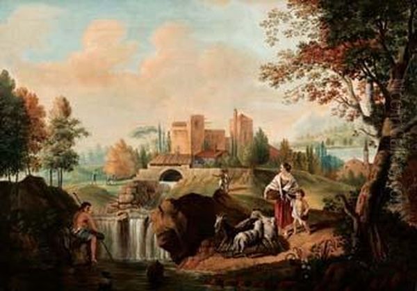 Paesaggio Fluviale Con Pastori, Cascatella E Villaggio Oil Painting by Francesco Zuccarelli