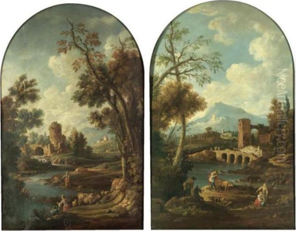 A Southern Landscape With Herders Resting On A Riverbank, Classical Ruins Beyond Oil Painting by Francesco Zuccarelli