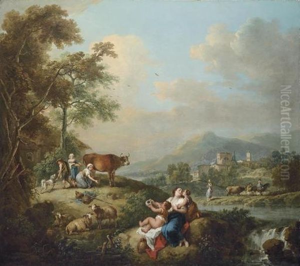 A Wooded River Landscape With Milkmaids Oil Painting by Francesco Zuccarelli