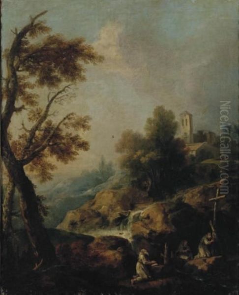 Moines Priant Dans Un Paysage Rocheux Oil Painting by Francesco Zuccarelli