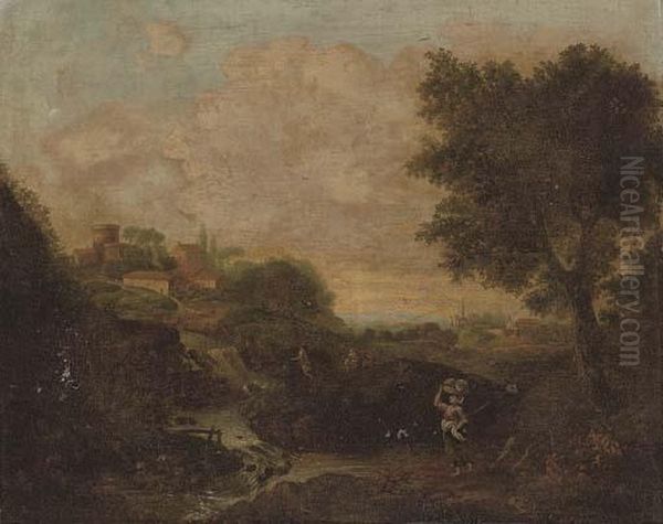 An Italianate River Landscape 
With A Woman Holding A Basket In The Foreground, A Village Beyond Oil Painting by Francesco Zuccarelli