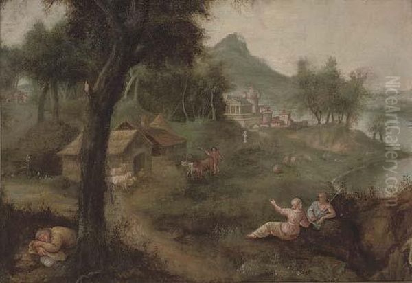 An Italianate Wooded River Landscape With A Shepherd And His Flock, A Village Beyond Oil Painting by Francesco Zuccarelli