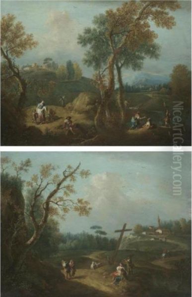 An Italianate Landscape With 
Figures Beneath A Crucifix, A Church Beyond; A Pastoral Landscape With 
Peasants And A Fisherman Near A Pond, A Shepherd With His Flock Beyond Oil Painting by Francesco Zuccarelli