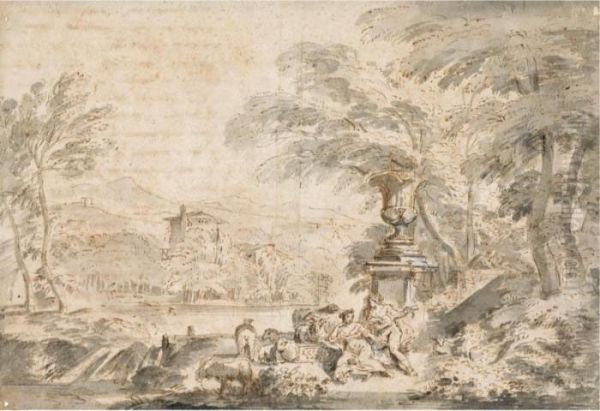 A Youth Serenading A Shepherdess In An Ornamental Garden, A Landscape Beyond Oil Painting by Francesco Zuccarelli