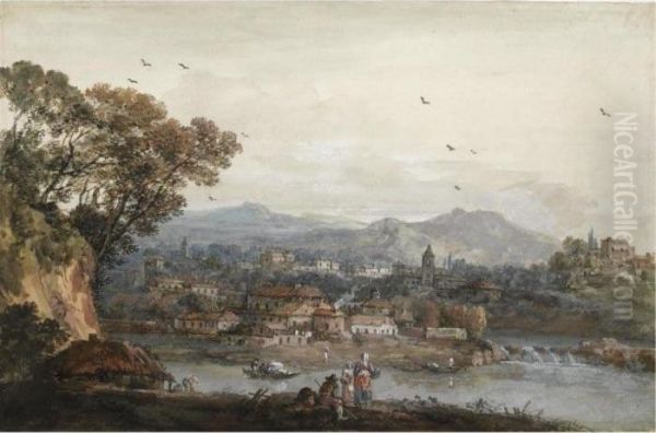 View Of A Town By A River, Figures In The Foreground Oil Painting by Francesco Zuccarelli