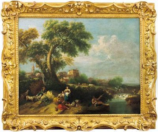 Paesaggio Fluviale Con Figure In Riposo Sotto Un Albero Oil Painting by Francesco Zuccarelli