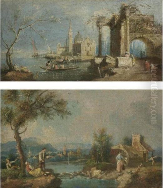 A Set Of Four Capriccio Scenes Of The Venetian Laguna Oil Painting by Francesco Zuccarelli