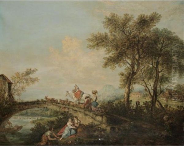 An Arcadian River Landscape With A Family And Their Animals Corssing A Bridge Oil Painting by Francesco Zuccarelli