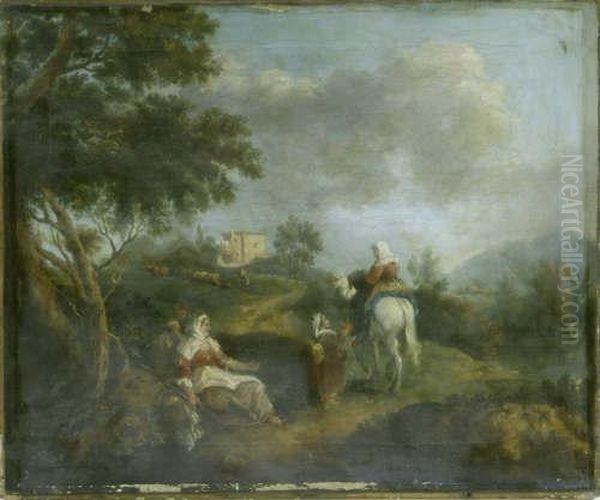 Italian Unframed Oil On Canvas Travellers In A Landscape 17 X 20.75in Oil Painting by Francesco Zuccarelli