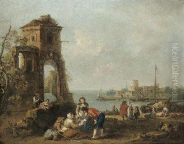 An Architectural Capriccio With 
Numerous Figures Beside Classical Ruins, A Mediterrenean Harbour Beyond Oil Painting by Francesco Zuccarelli