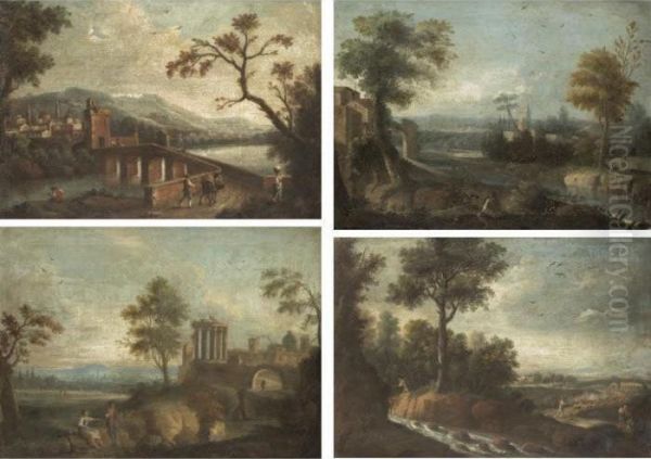 Four Pastoral River Landscapes With Figures Oil Painting by Francesco Zuccarelli