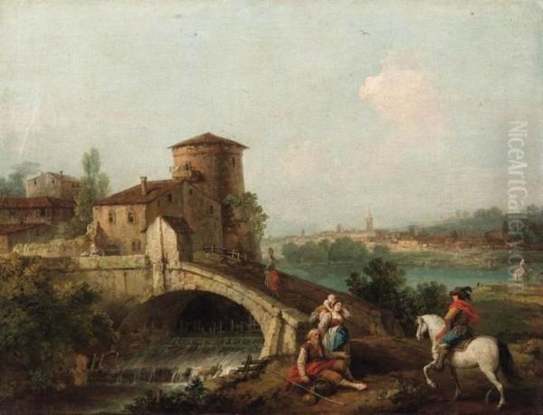 Paesaggio Fluviale Con Ponte, Villaggio E Viandanti Oil Painting by Francesco Zuccarelli