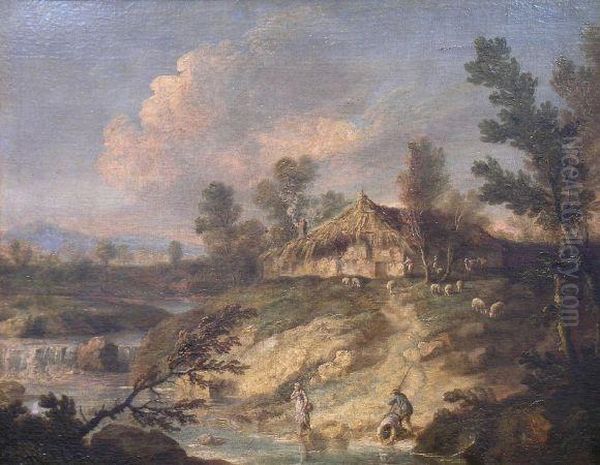 Sheep And Figures By A Stream Oil Painting by Francesco Zuccarelli