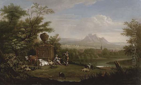 Cattle And Figures Beside A River In An Extensive Landscape Oil Painting by Francesco Zuccarelli