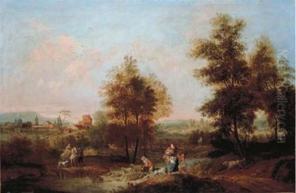 An Extensive Italianate Landscape With Peasants And Cattle Crossing A River Oil Painting by Francesco Zuccarelli