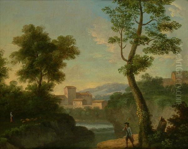 Figure On A Path In A Wooded Evening Landscape, Avillage Beyond Oil Painting by Francesco Zuccarelli