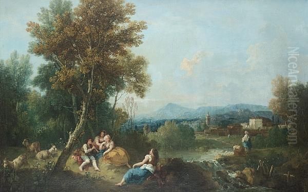 An Arcadian Landscape With A 
Goatherd Serenading Shepherdesses Beside A Waterfall, A Village And 
Mountains Beyond Oil Painting by Francesco Zuccarelli