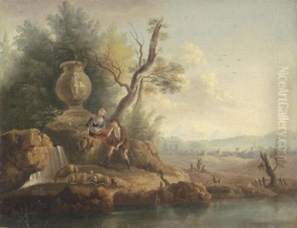 Pastoral River Landscape With A 
Shepherd And A Dairymaid Beside A Small Cascade Oil Painting by Francesco Zuccarelli