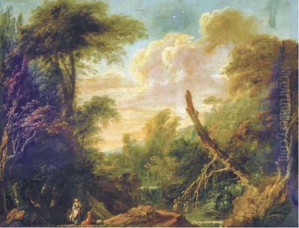 A Wooded River Landscape With Peasants Oil Painting by Francesco Zuccarelli