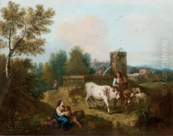 Paesaggio Con Famiglia Di Pastori E Animali Vicino A Una Fontana Oil Painting by Francesco Zuccarelli