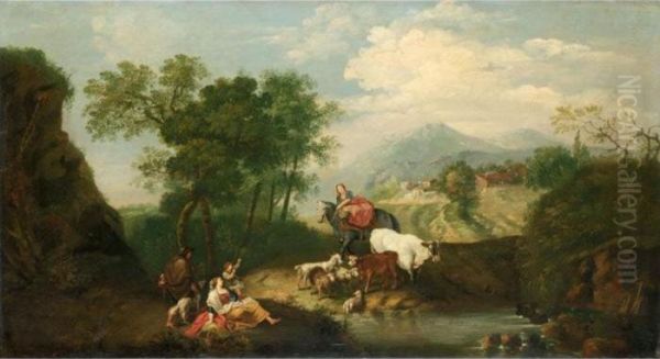 Paesaggio Con Pastorella A 
Cavallo, Animali, Viandante E Donna Con Bambino Presso Uno Specchio 
D'acqua Oil Painting by Francesco Zuccarelli