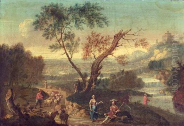 Italianate Landsape With Drovers
 And Their Animals On A Road Beside A River, A Hilltop Castle Beyond Oil Painting by Francesco Zuccarelli