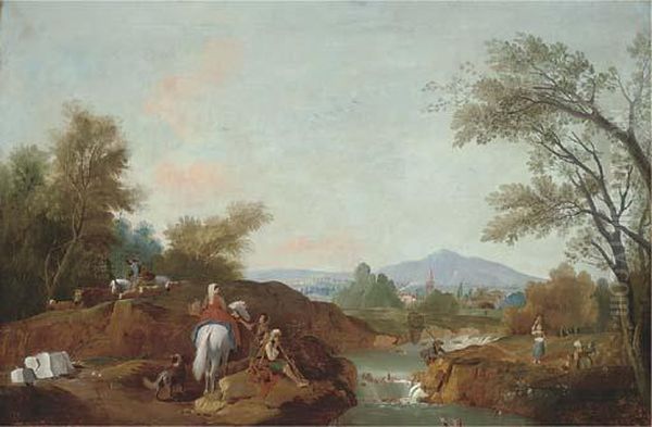 Figures In An Arcadian Landscape Oil Painting by Francesco Zuccarelli